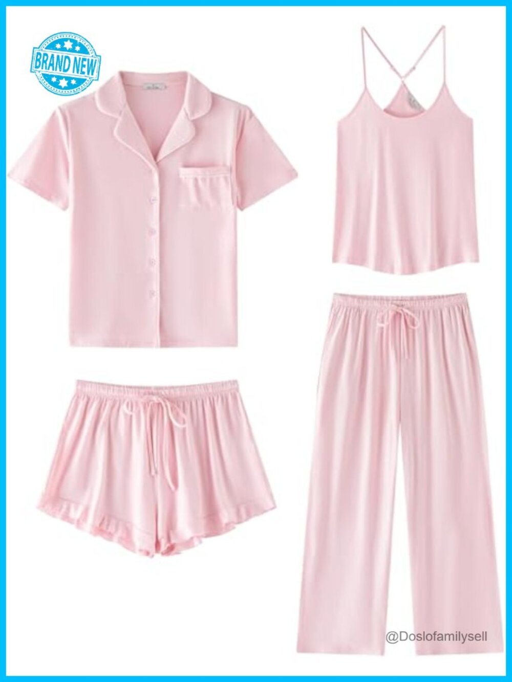 4 Piece Soft Pajama Set Short Sleeve Button Down Top Pants Cami Ruffle Shorts - Picture 1 of 6